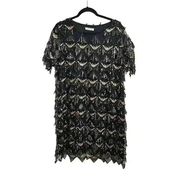 VVMCURVE Dress Womens L Black Gold Sequin Fringe - Picture 1 of 4